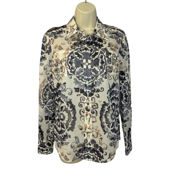 Tory Burch Brigitte Blue Floral Print  Cotton Long-Sleeve Button-Up Blouse Sz 4 - Picture 2 of 12